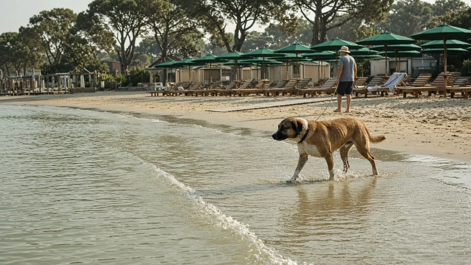 Un cane cammina nell'acqua bassa sulla battigia di uno stabilimento italiano mentre il padrone lo segue dalla riva col guinzaglio, con le file di ombrelloni verdi, i lettini a doghe e la pineta alle spalle