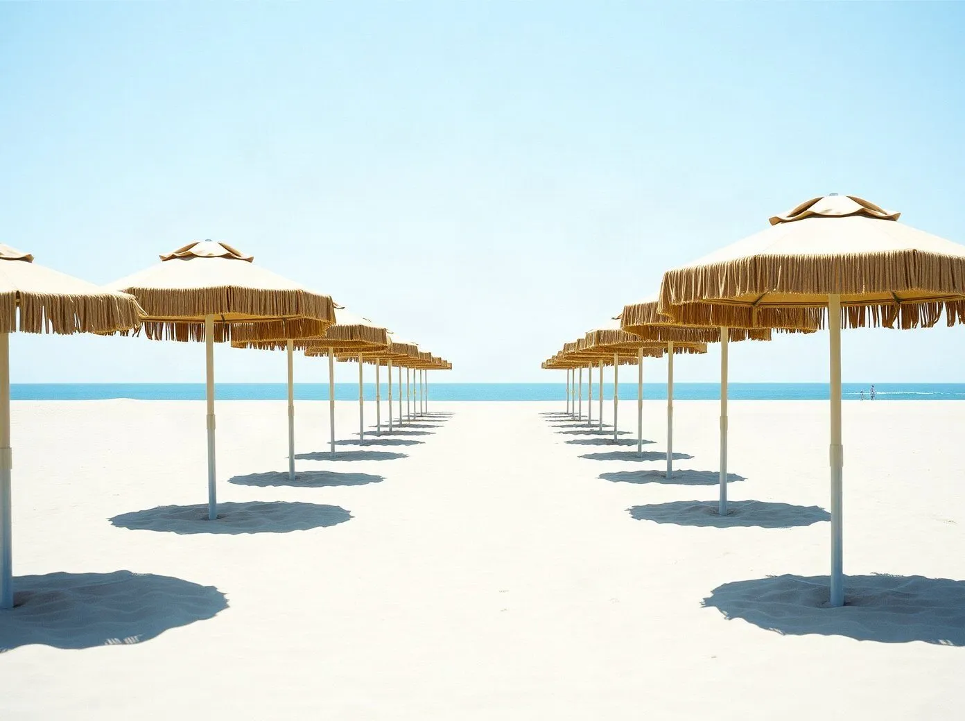 File di ombrelloni con le frange aperti su una spiaggia deserta e spianata, con il mare calmo prima dell'arrivo dei bagnanti