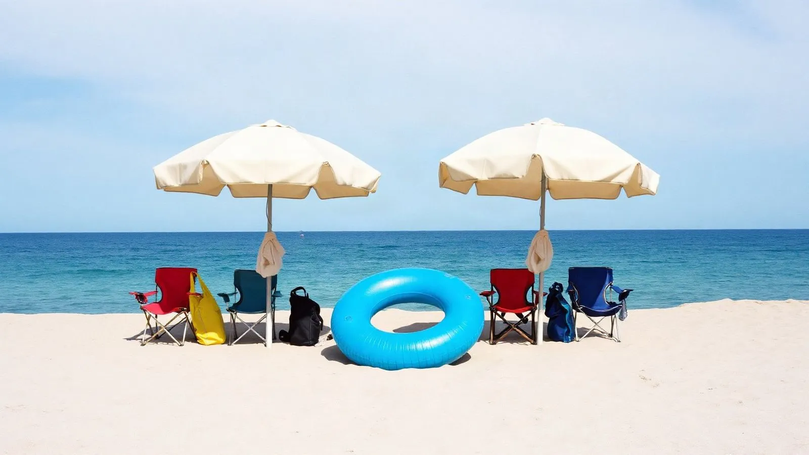 Due ombrelloni con seggioline pieghevoli, borse e ciambella portati da casa su una spiaggia libera