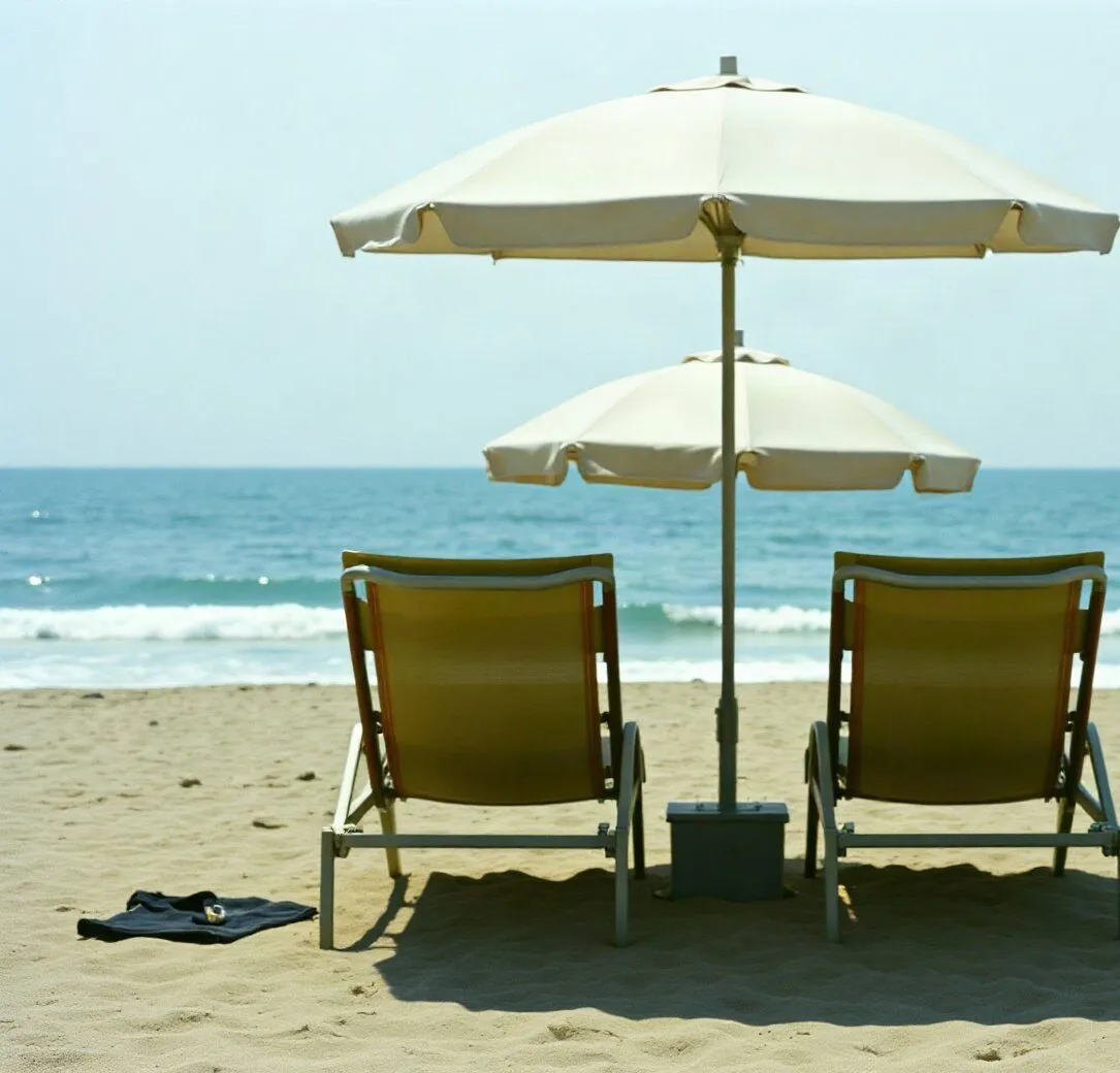 La prima fila al mattino: un ombrellone aperto con due lettini pronti e la spiaggia ancora vuota